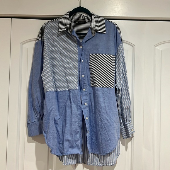 Zara women’s mixed print‎ oversized men style medium button up shirt - Picture 1 of 6